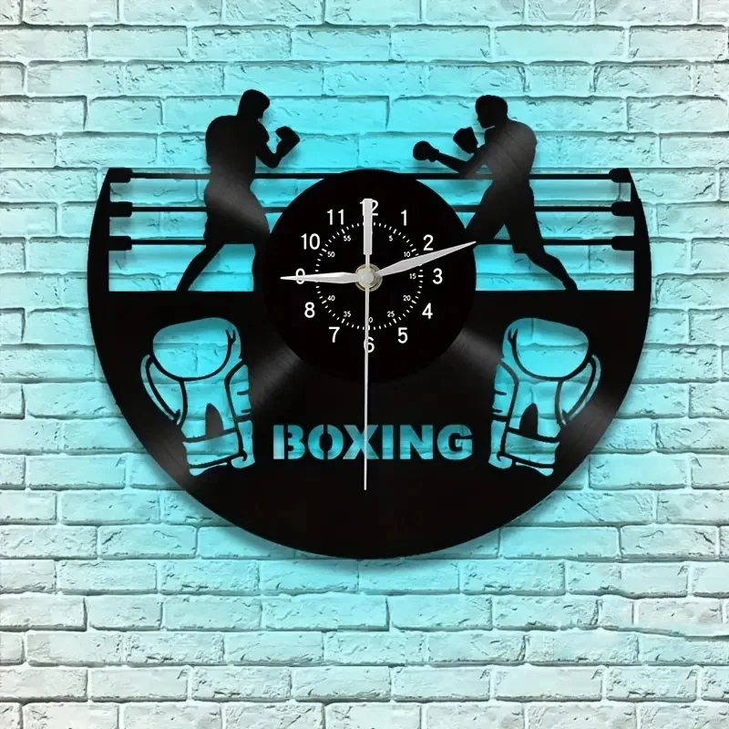 ZK30 Boxing Game Inspired Vinyl LP Wall Clock Boxing Club Hanging Decor Boxer Arena Glove Silhouette Wall Watch With Backlight