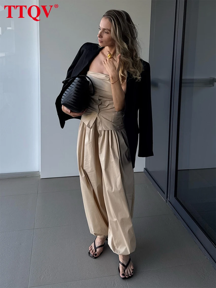 

TTQV Fashion Loose Khaki Cotton Women Pants 2026 Casual High Waist Wide Trousers Elegant Classic Solid Pants Female Clothing