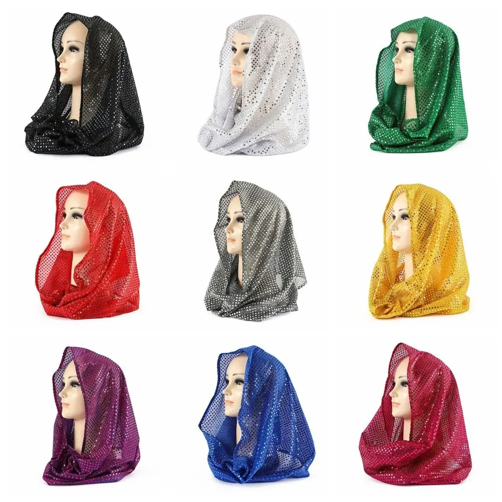 Fashion Breathable Sequin Hooded Headscarf Solid Color Lightweight Glitter Turbante Polyester Scarf Soft Sequin Head Wraps Daily