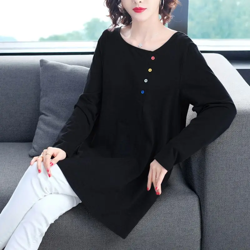 ربيع الخريف منتصف طول كم طويل تي شيرت فضفاض جولة الرقبة قاعدة قميص المرأة #5