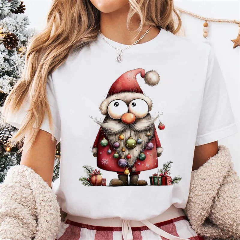 オーナメント サンタ クリスマス プリント柄 Tシャツ 楽しい かわいい服 レディース ラウンドネック トップス 新年 漫画風 レギュラー Tシャツ