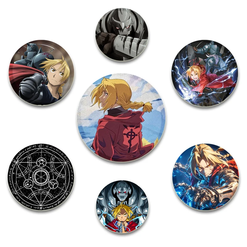 58mm Anime Fullmetal Alchemist Brotherhood insignia personaje solapa Pin creativo broche redondo para mochila ropa decoración regalos