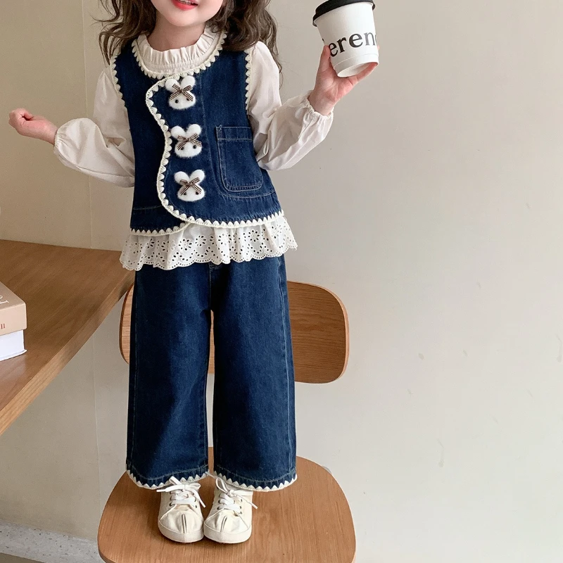 Korean Girls' Autumn Outfit Set 2025 New Stylish Children's Denim Vest, Girls' Spring and Autumn Three Piece Set Trendy
