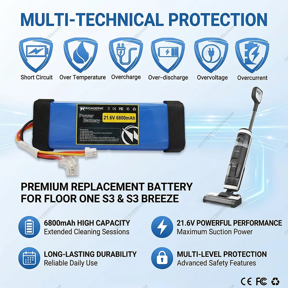 for Tineco Floor ONE S3 Breeze Battery 21.6V 6800mAh High Capacity Li-ion Replacement Wet Dry Vacuum Cleaner Parts Accessories