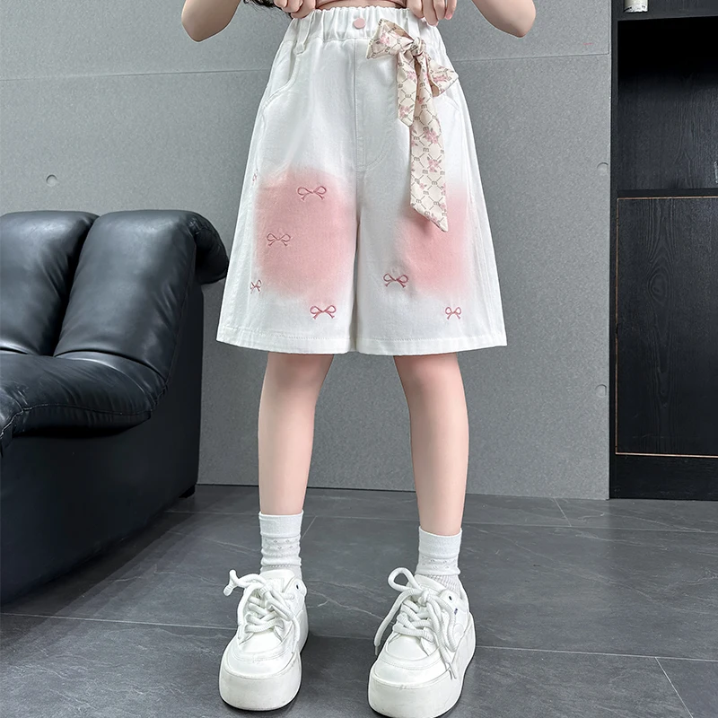 Elegant Kids Fashion White Denim Shorts with Bow for Girls Harajuku y2k Street Hip Hip Knee Length Pants Child Loose Short Jeans