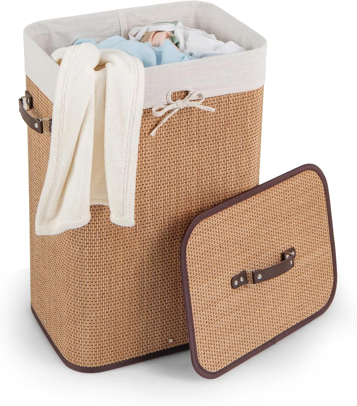 Bamboo Laundry Hamper Portable, Dirty Clothes Storage Basket with Lid and Removable Liner, Suitable for Bedroom, Bathroom