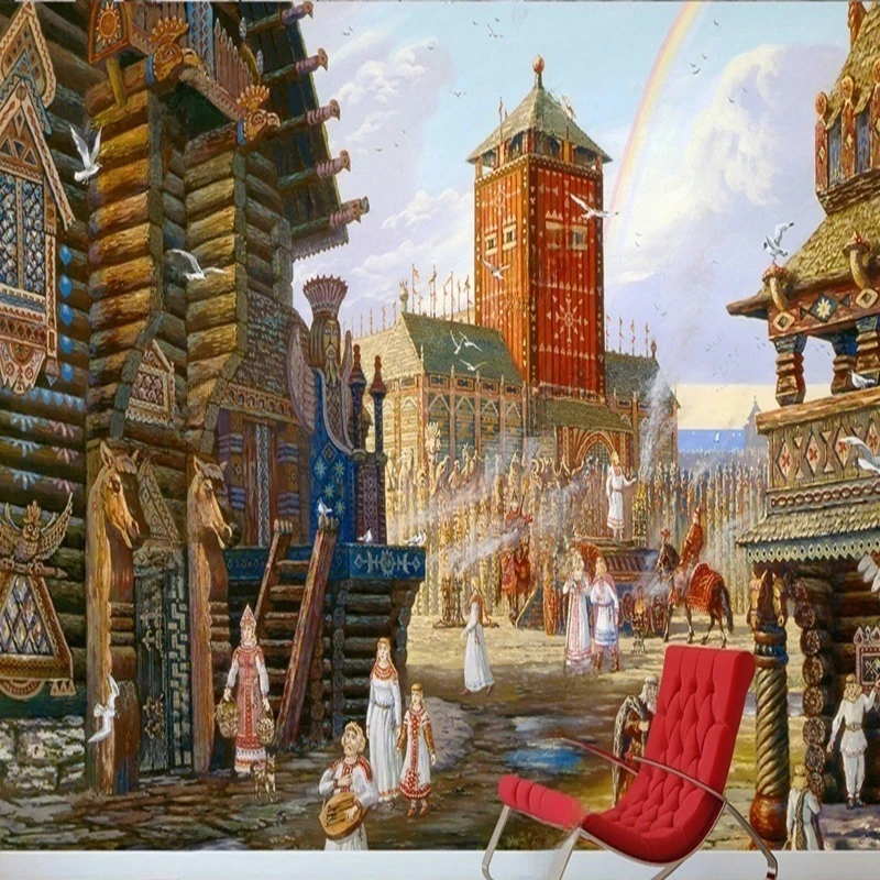 Custom Photo Mural European Retro Classical Hand-painted Oil Painting Castle Scenery TV Background Wall Decoration Painting 3D