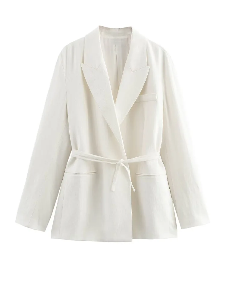 Nice Women's Temperament Commuter Design Blended Niche Wide Shoulder Ribbon Medium Length Drape Suit Jacket