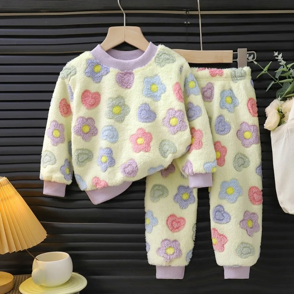 Soft Thickened Flannel Pajamas Suit Elastic Waist Pants Cartoon Print Toddler Sleepwear Sets Warm Clothing Sets Home Wear