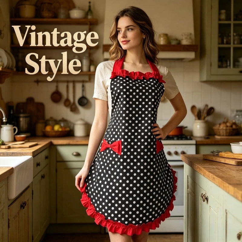 Bow Polka Dot Cotton Apron Festive Fashion Princess Style Kitchen Daily Home Apron Oil Stain Resistant Pocket Design