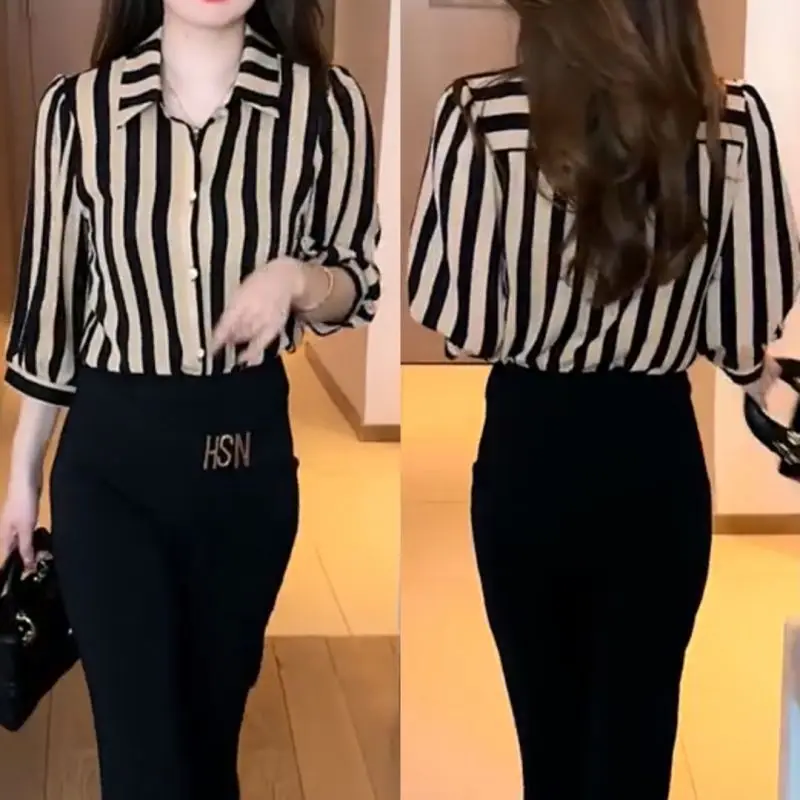 Women Summer Fashion Large Size Appear Thin Striped Polo-Neck 3/4 Sleeve Shirts Women Clothes Casual All-match Trend Top Tee