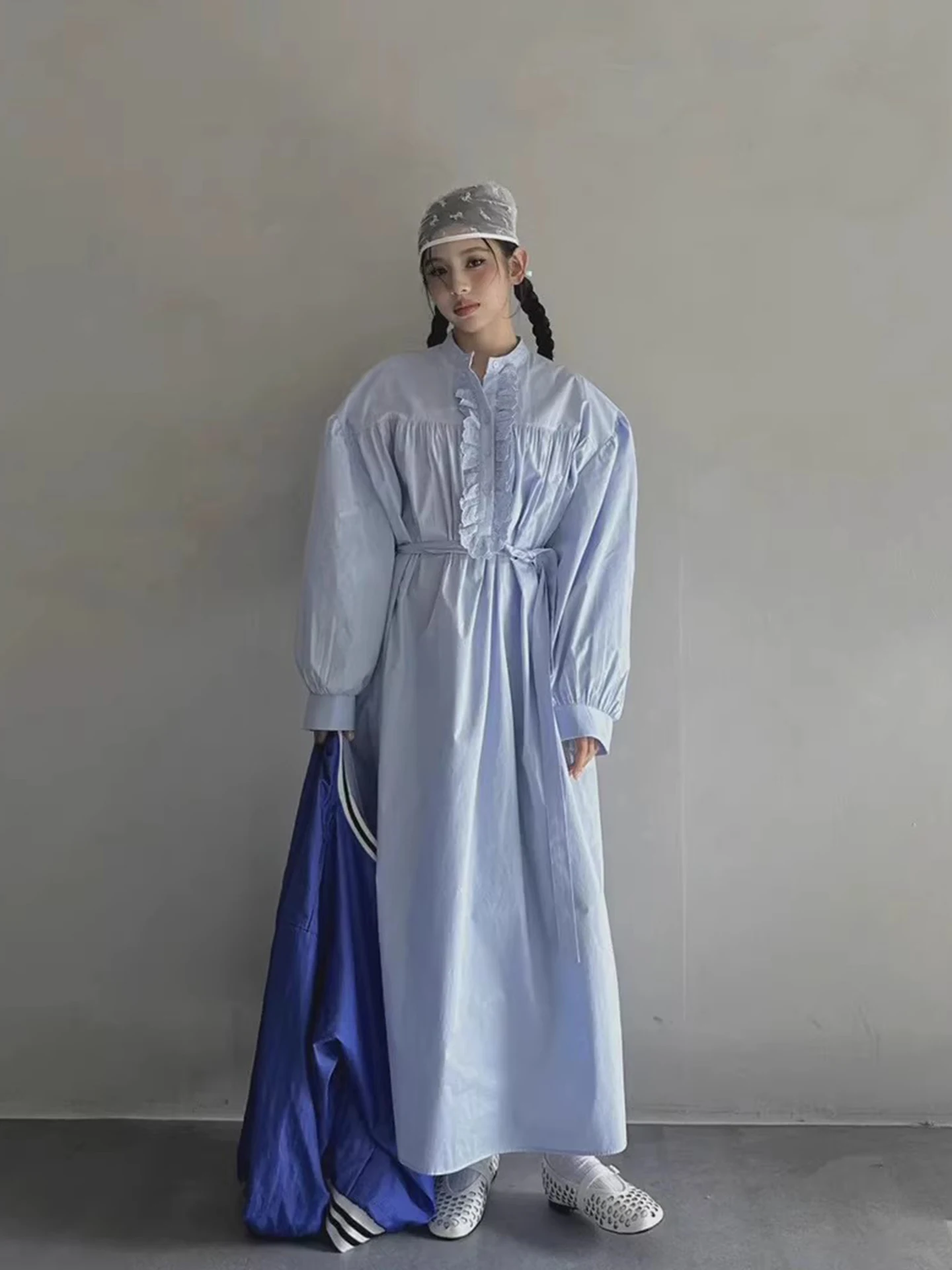 Bolha de emenda de renda azul sve dr feminino início da primavera vintage preguiçoso sle cintura-emagrecimento longo dr