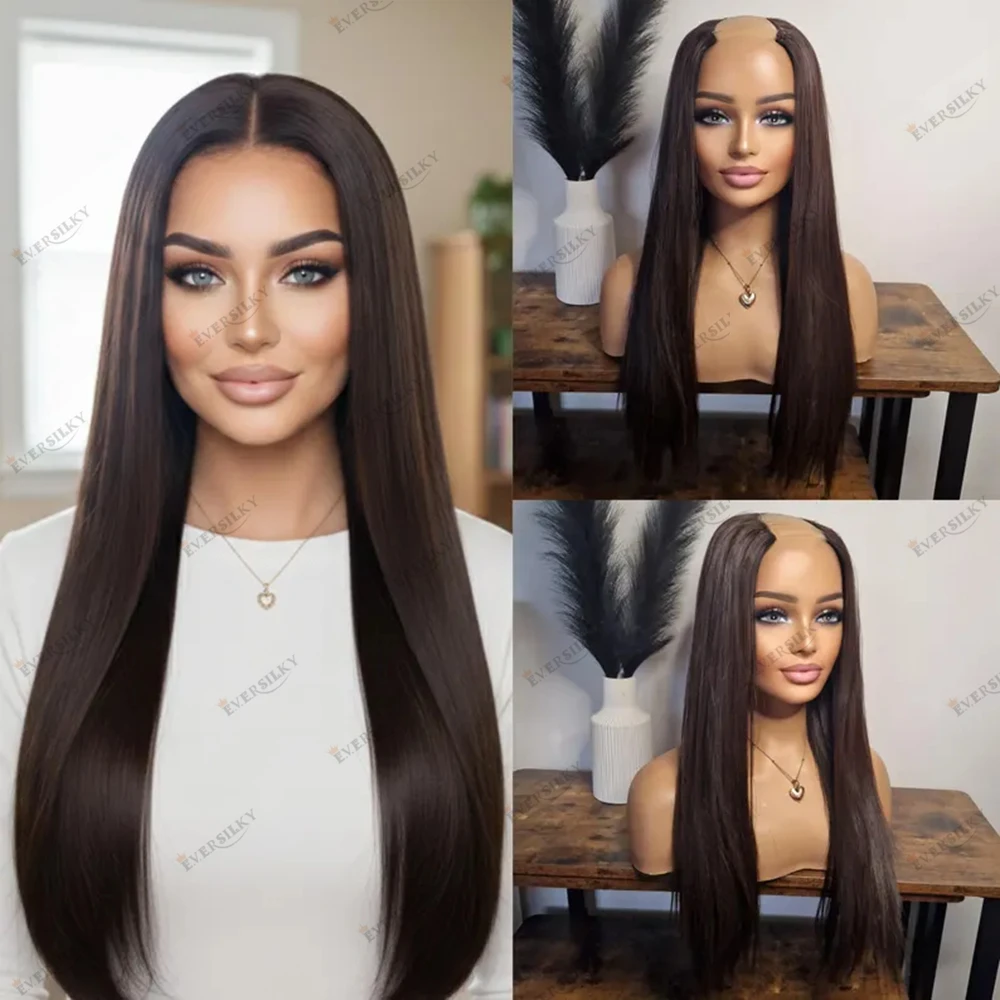 

Brazilian Remy Hair Dark Brown #3 Women Human Hair U Part Wig with Clips&Combs 1x4 Size U/V Shape Opening Machine Made Cheap Wig