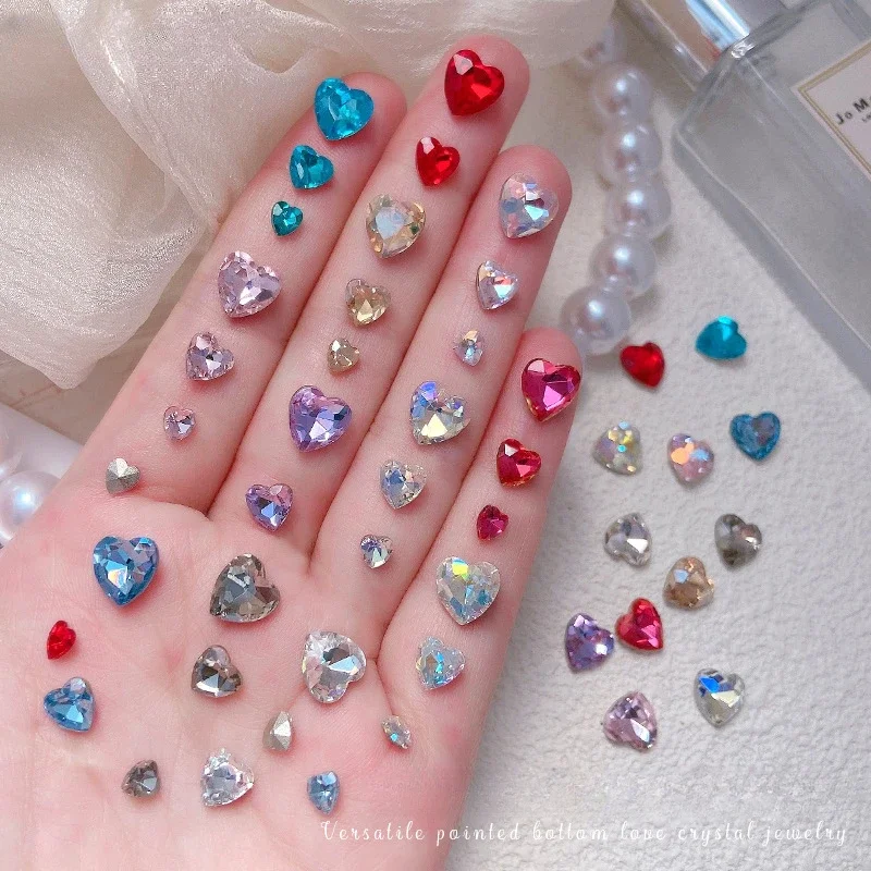 30pcs Multicolor Love Crystal Diamond Nail Charms Decoration Glass Pointed Bottom Peach Heart Gemstone Manicure Accessories