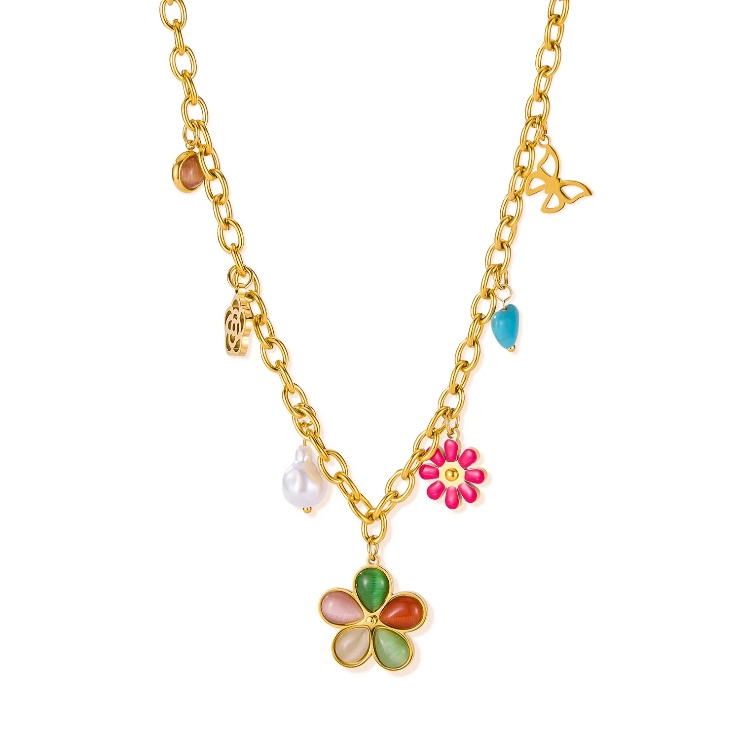 

Fashion Multi-Element Cat's Eye Stone Necklace for Women - Stylish Stainless Steel Titanium Steel Collarbone Chain Jewelry