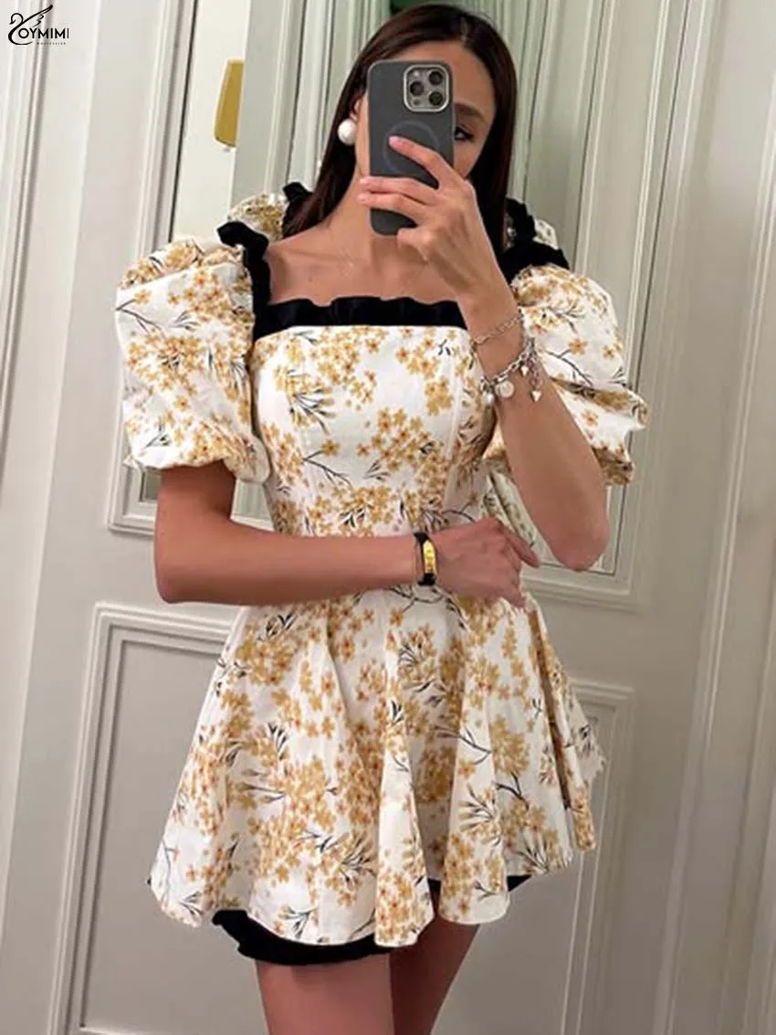 

Oymimi Elegant Yellow Print Dresses For Woman Fashion Patchwork Square Neck Short Sleeve Dresses Autumn Open Back Pleated Dress