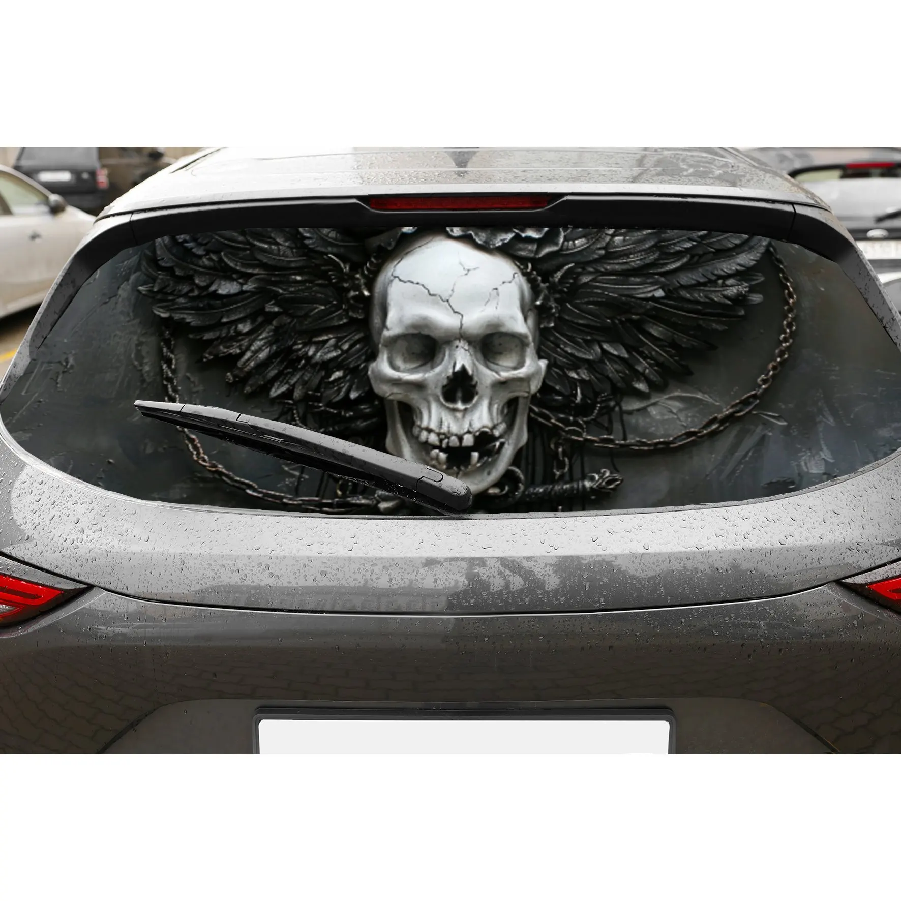 

Skull with Black Wings and Chains PVC Perforated Car Vinyl Wraps, Privacy Enhancing Design for Rear Window, Car Rear Windshield