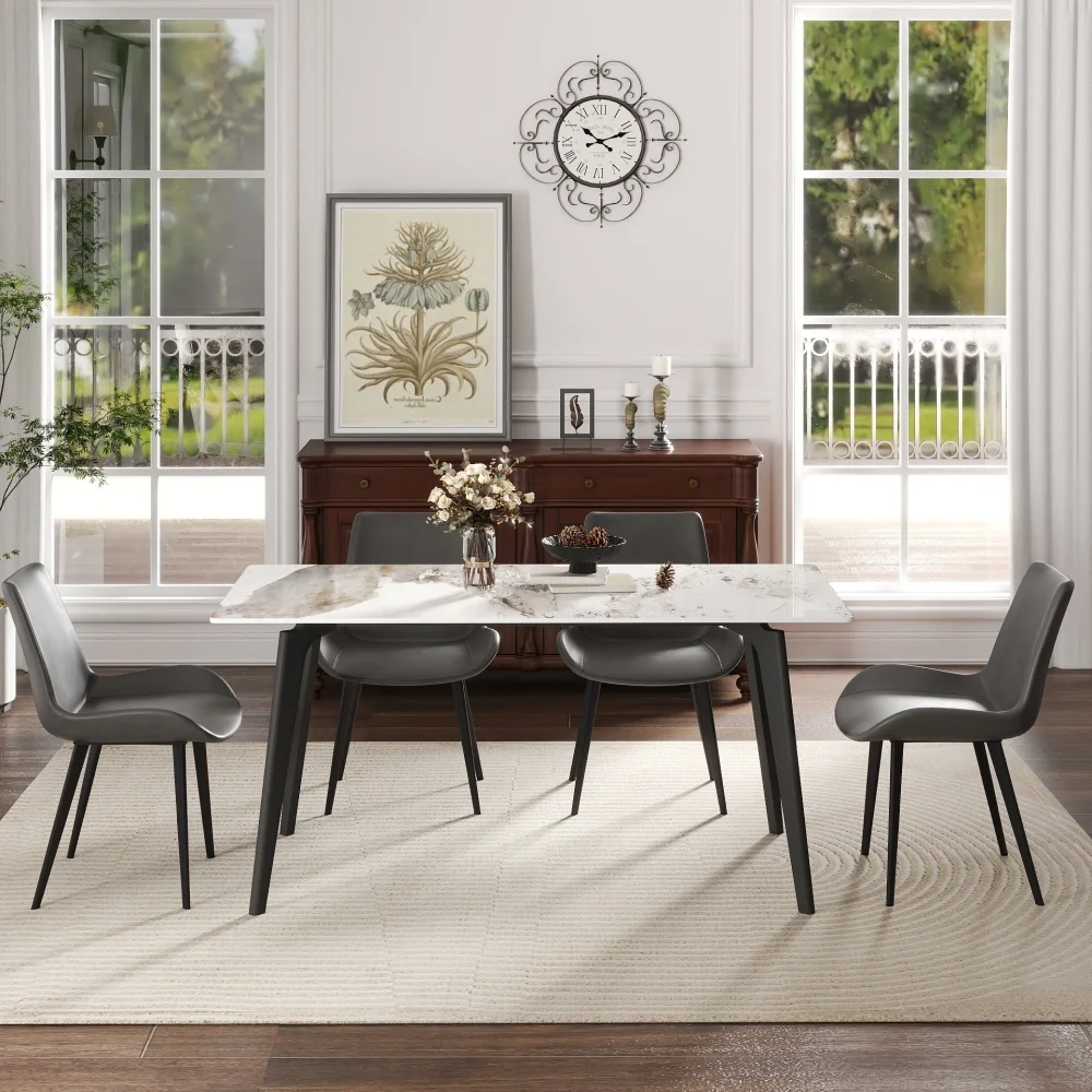 63 Inch Dining Table for 6, Modern White Pandora Stone Top Table with Black Metal Legs, Rectangular Kitchen Table for Dining Room, Table Only