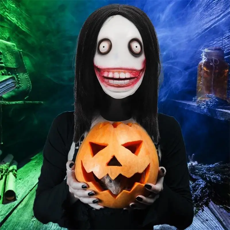 Jeff The Killer Mask with Black Wig Creepy Smiling Ghost Horror Mask Halloween Cosplay Scary Demon Prop for Haunted House Party