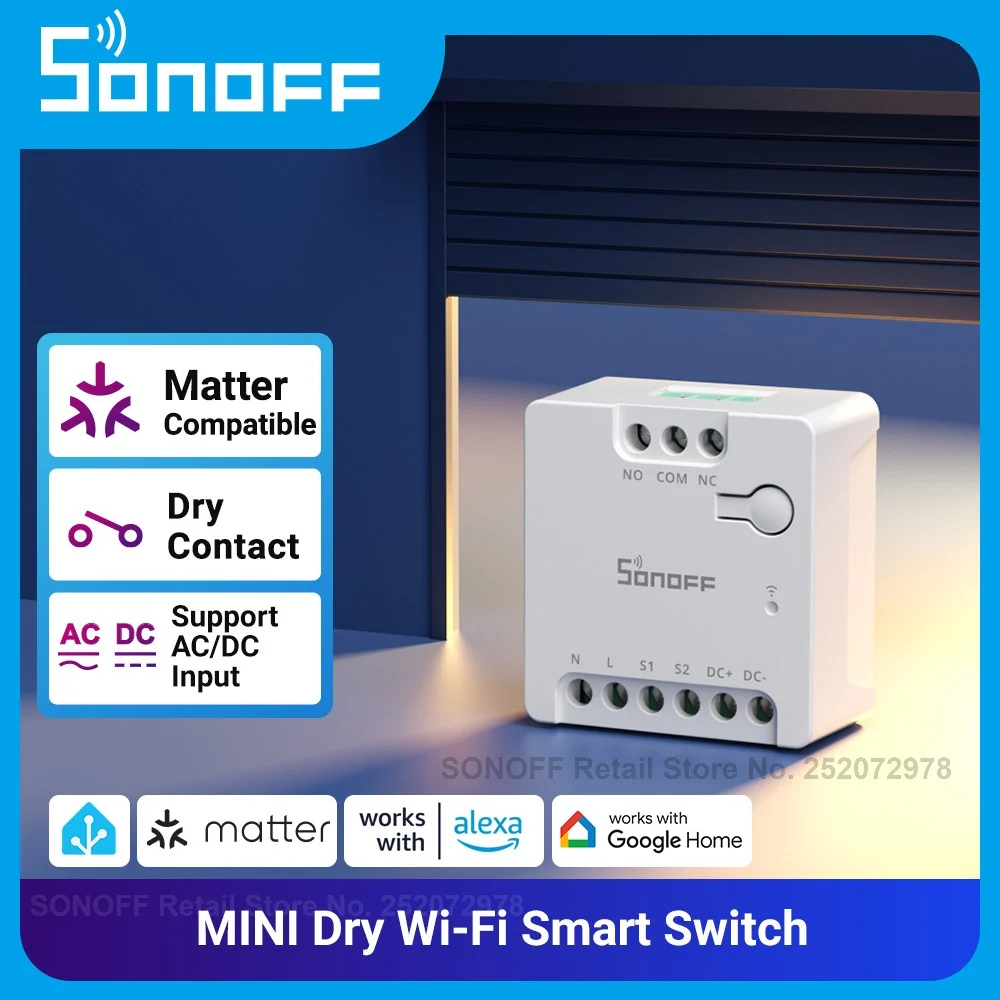 SONOFF MINI-D Dry Wi-Fi Matter Smart Switch Dry Contact Relay AC/DC Input for Garage Doors Boilers Low Power DC Motors via Alexa