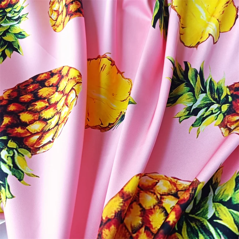 145cm wide Stretch satin pink bottom pineapple pattern digital printing fabric hand DIY sewing dress shirt fashion fabric