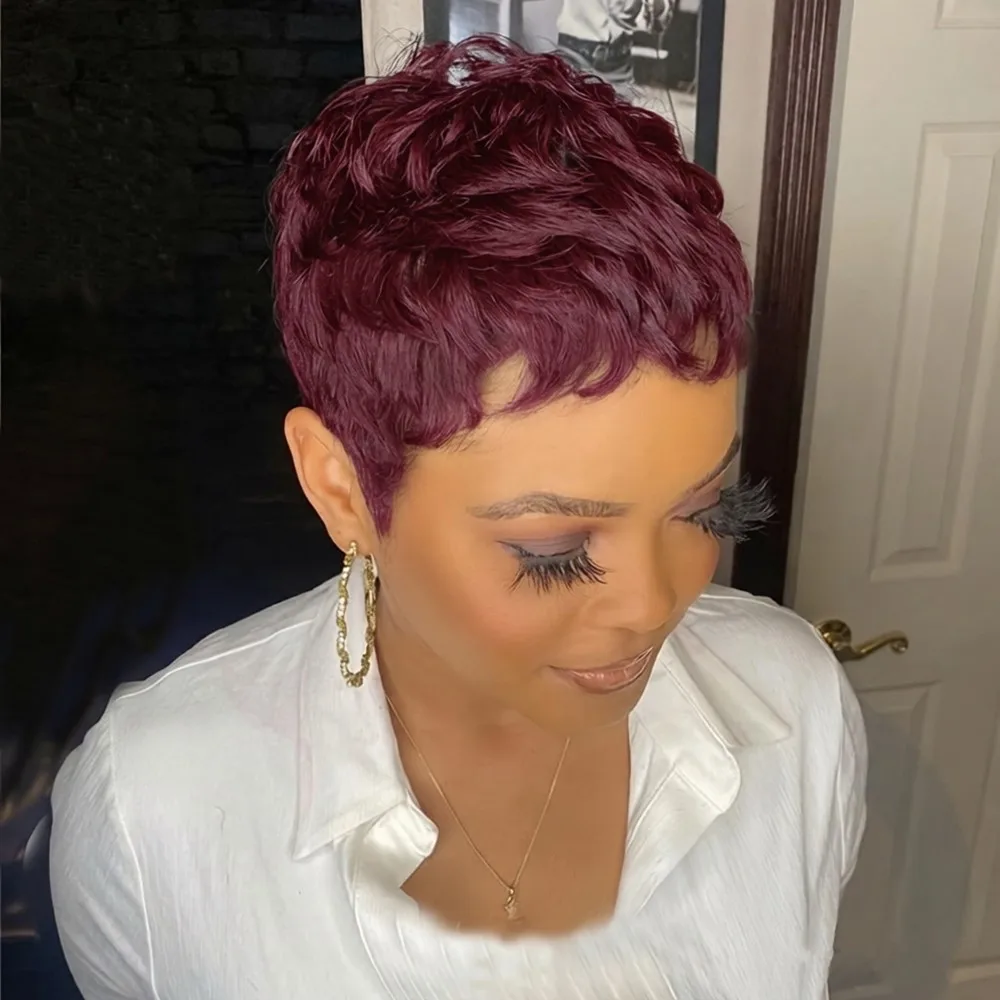 

Короткий прямой многослойный парик из натуральных волос, парик-пикси для повседневного использования и вечеринок, машинной работы, коричневый, черный, бордовый цвет, для женщин