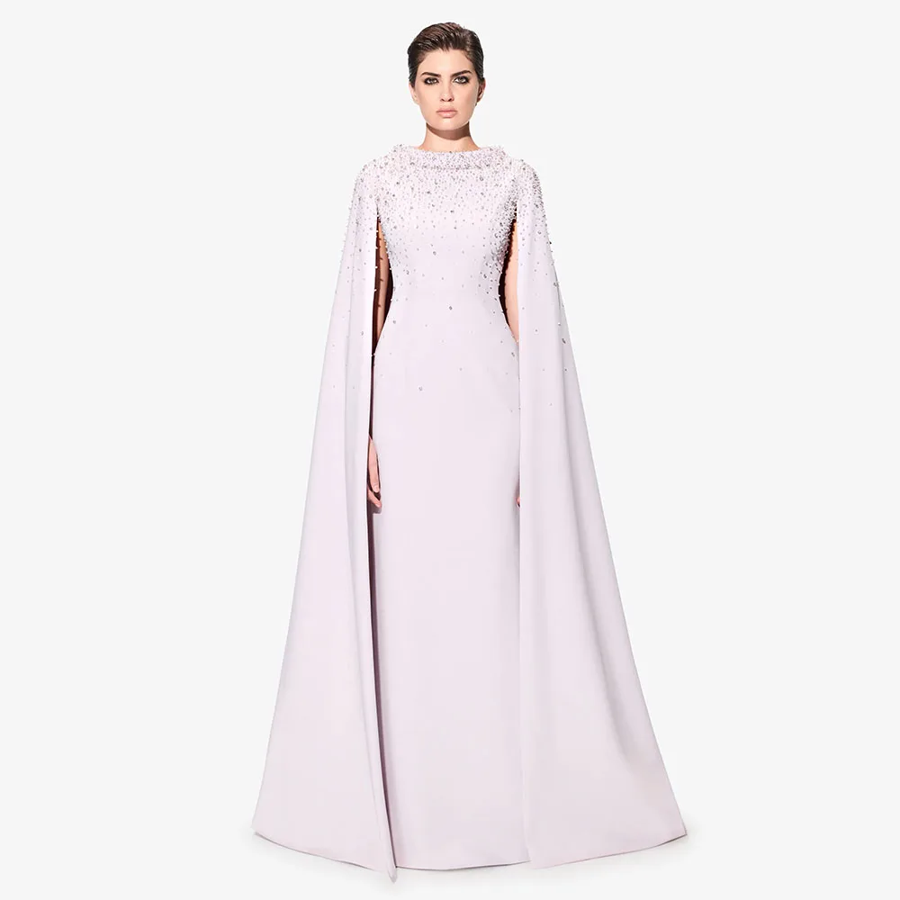 Vestido de noite de luxo personalizado, miçangas, gola redonda, mangas, capa, vestidos de noite modernos para mulheres, elegante, formal, 2026