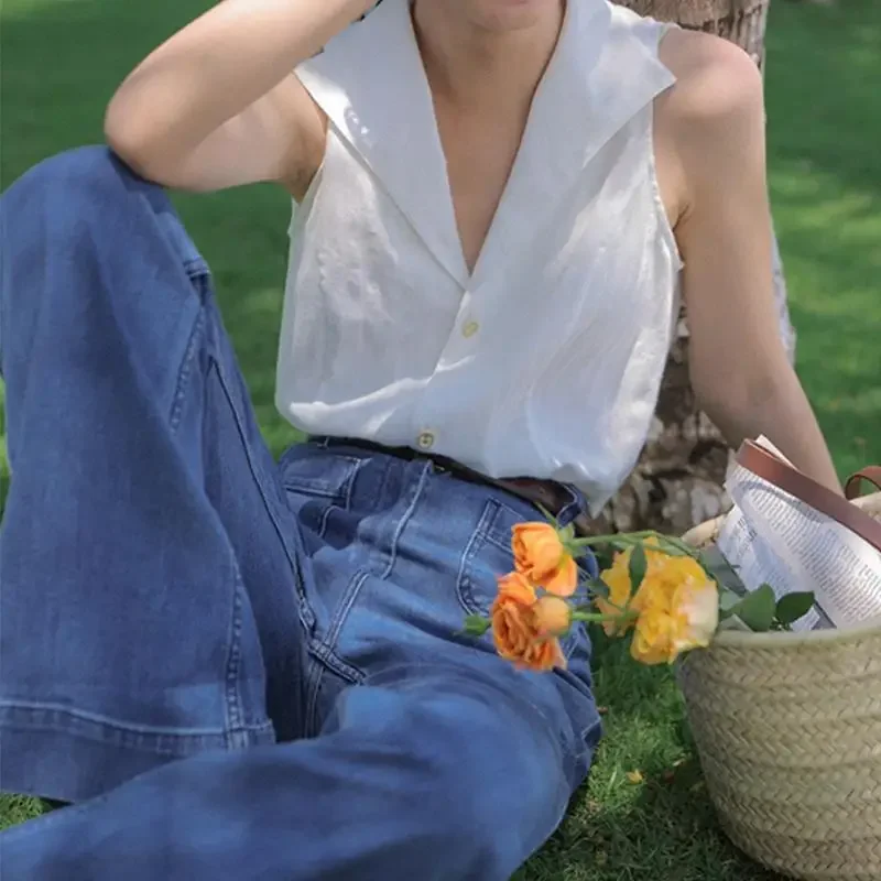 

Sleeveless Shirts Women Vintage Loose Office Ladies Elegant Summer Thin Fashion Korean Style Simple All-match Casual Mature Ins