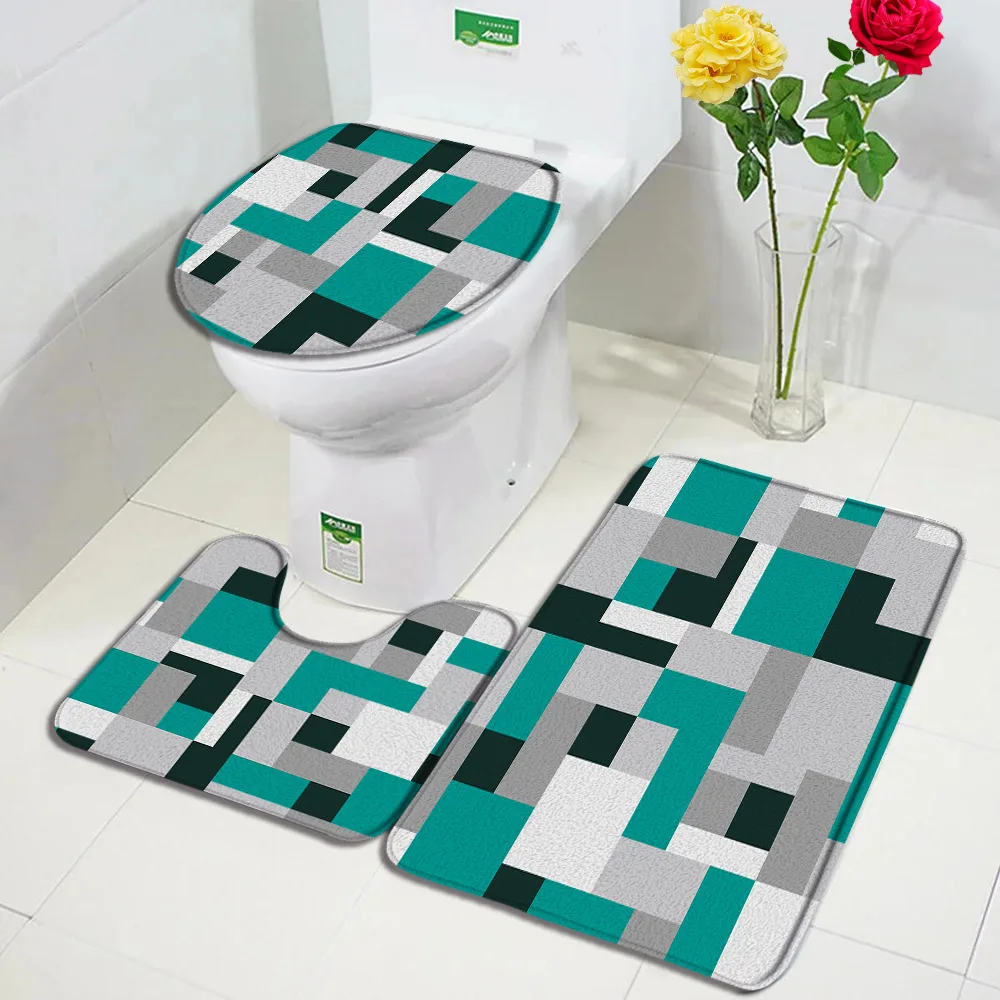 Creative Geometric Bath Mat Set Red Grey Black White Splicing Pattern Modern Bathroom Decor Carpet Non-slip Rug Toilet Lid Cover