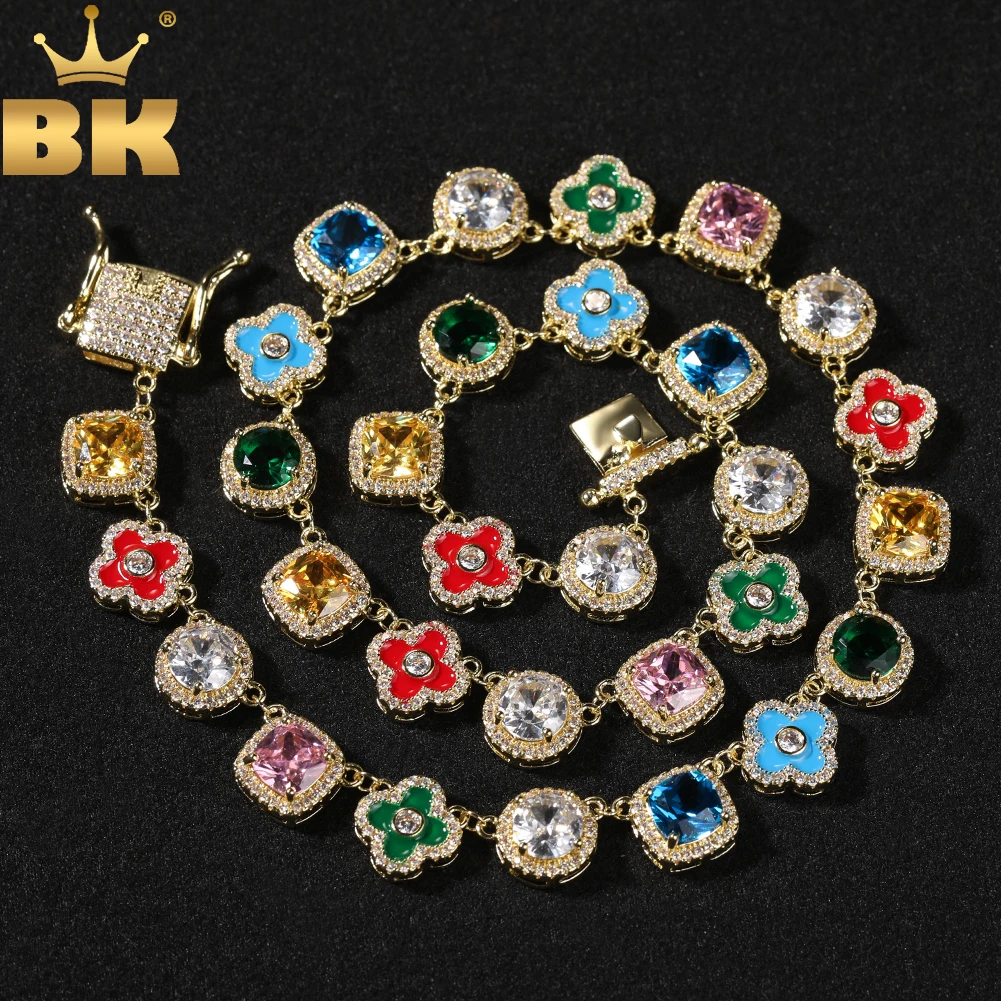 THE BLING KING Enamel Floral Chain Necklace Iced Out AAAAA+ Rainbow Cubic Zirconia Gem Necklace For Men Rock Hiphop Jewelry