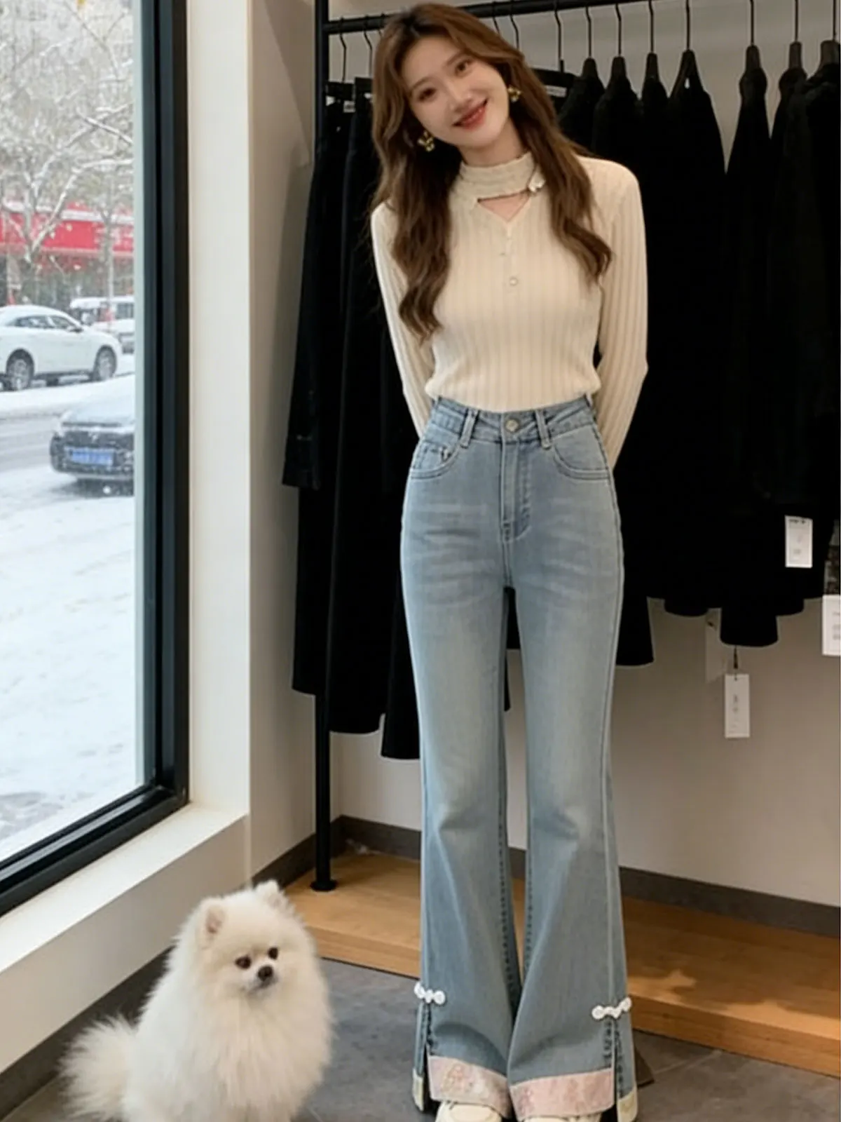 

New Chinese Sle Slimming Bell Bot Jeans Women's Spring 2026 l Waist Zipper ket Pure Color Micro Flared Denim