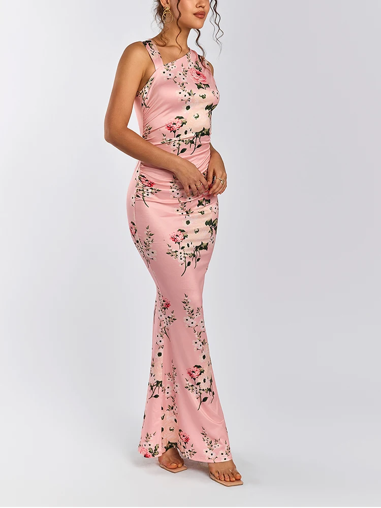 NewAsia Robe longue sans manches pour femme, coupe cintrée, imprimé floral, ourlet sirène asymétrique, moulante, soirée, rose