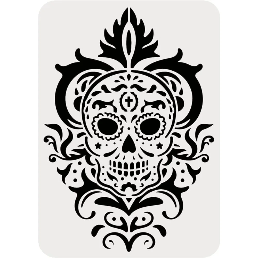 Skull Day of The Dead Stencil 11.7x8.3 inch A4 Large Scary Head Stencils Reusable Skull Damask Wall Stencil DIY Art Craft Draw