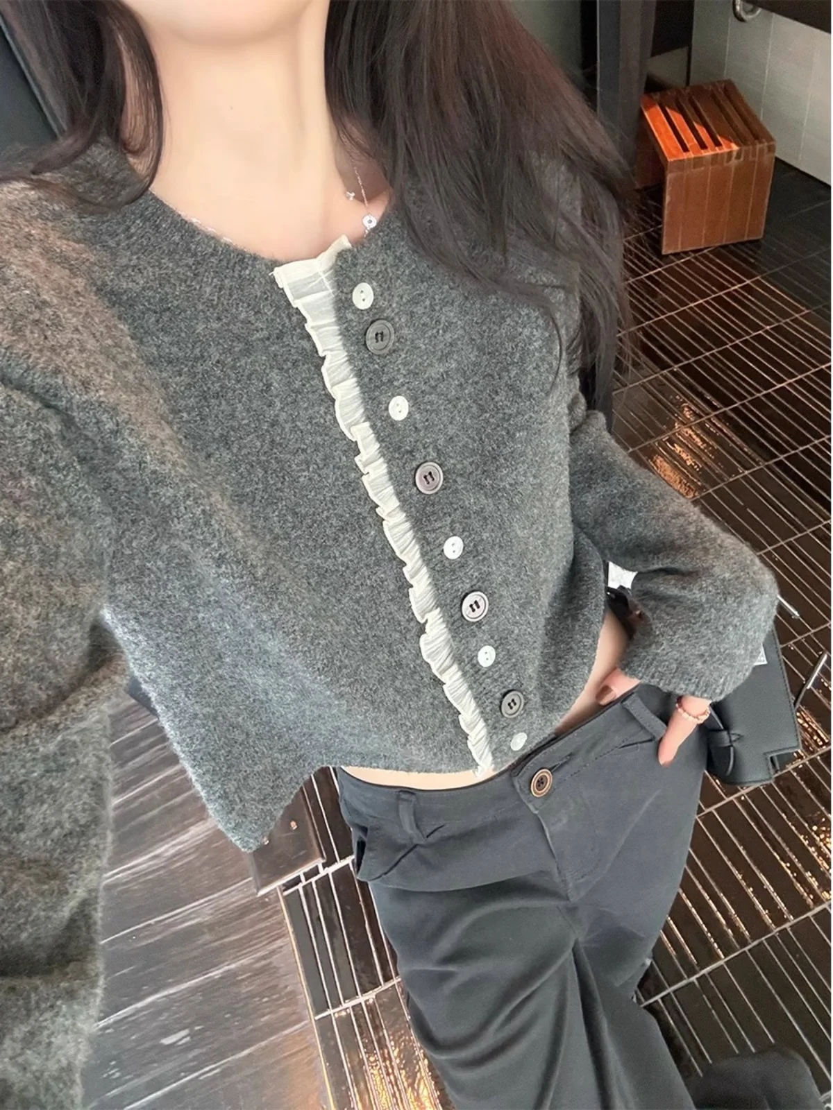 

Вязаный свитер-пальто в стиле пэчворк для женщин, весенне-осенняя верхняя одежда, короткий рукав, подкладка из полиэфирного волокна, длинный рукав