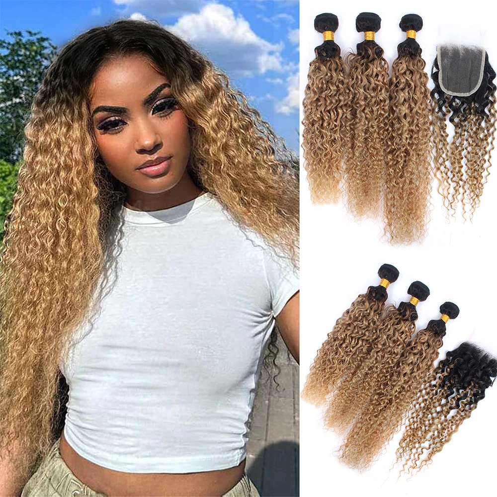 Curly Human Hair Bundles With Closure 1B/27 Ombre Blonde 100% Human Hair Extensions For Girls Women Colored Lace Closure