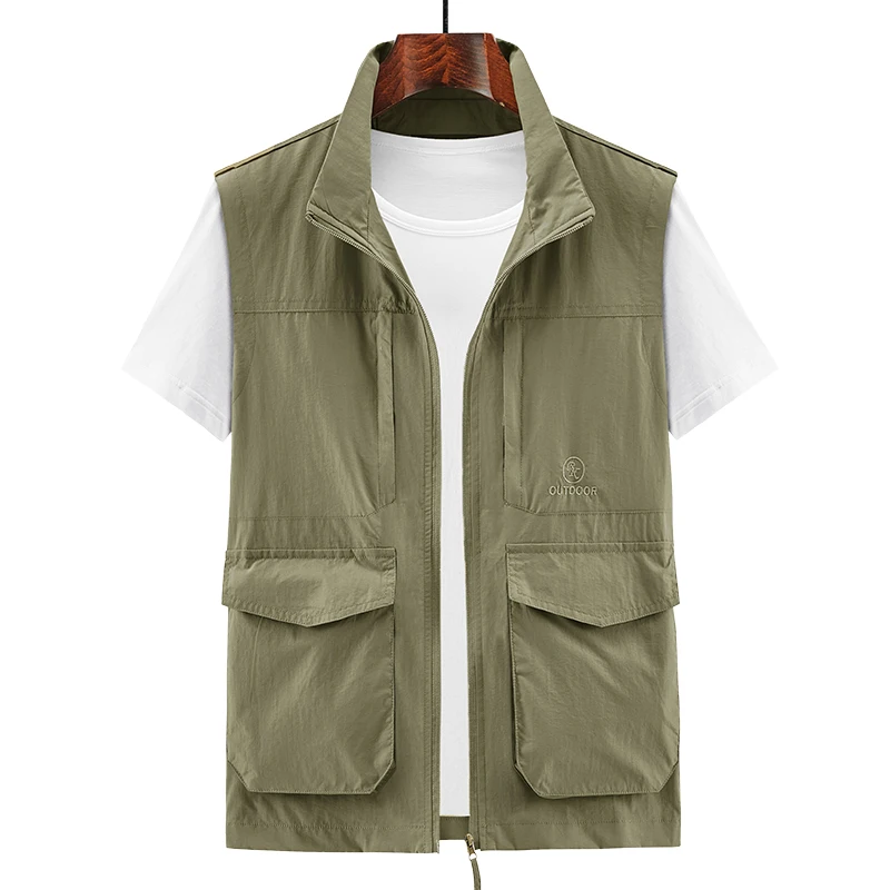 Men New Vest Solid Color Casual Outdoor Cargo Vest Loose Thin Multi-Pocket Vest Male Utility Vest Sleeveless Jacket Waistcoat