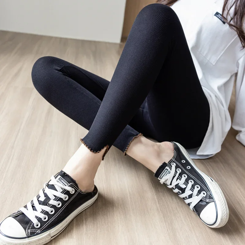 2025 Spring and Autumn Leggings Women Clothing Wear High Waist Skinny Nine-Point Pants Solid Elastic Belly Small Feet Leggings