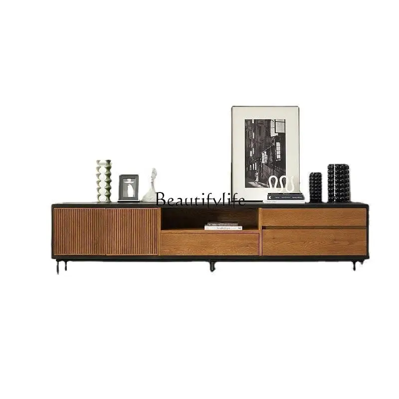 

Nordic solid wood TV cabinet teak color retro color matching wabi sand wind storage cabinet