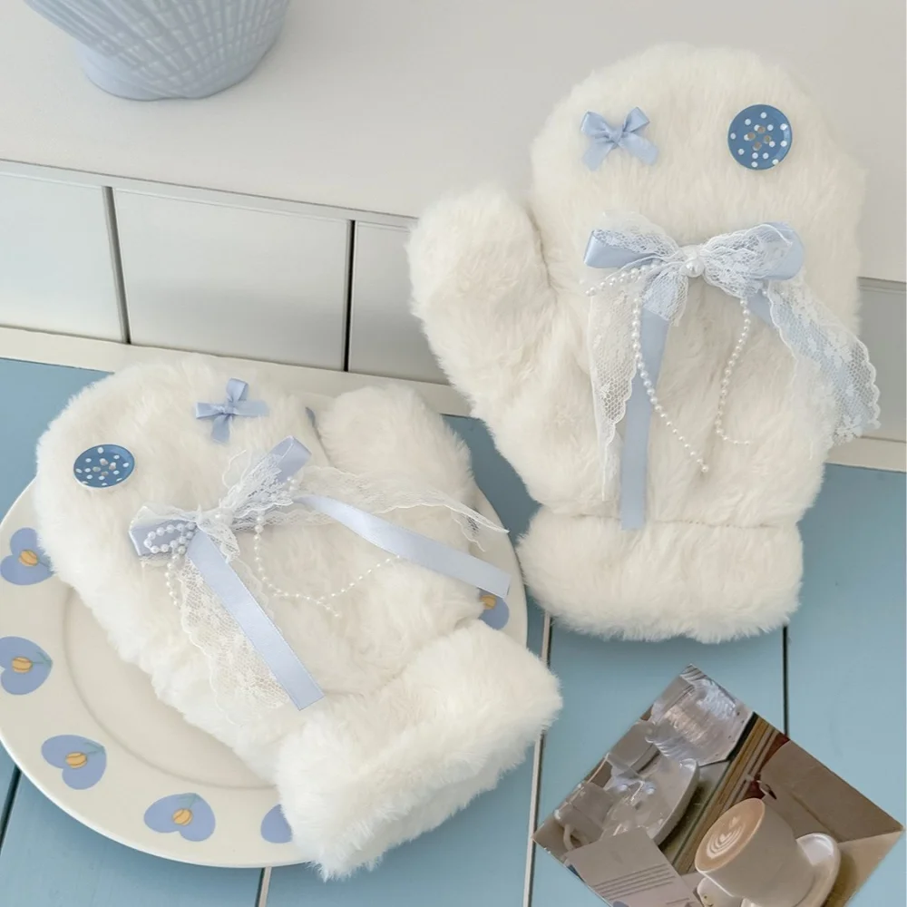 قفازات مغطاة بالكامل بأزرار على شكل فيونكة زرقاء ثلجية، قفازات لف الرقبة للشتاء الطازج للنساء في الهواء الطلق #1