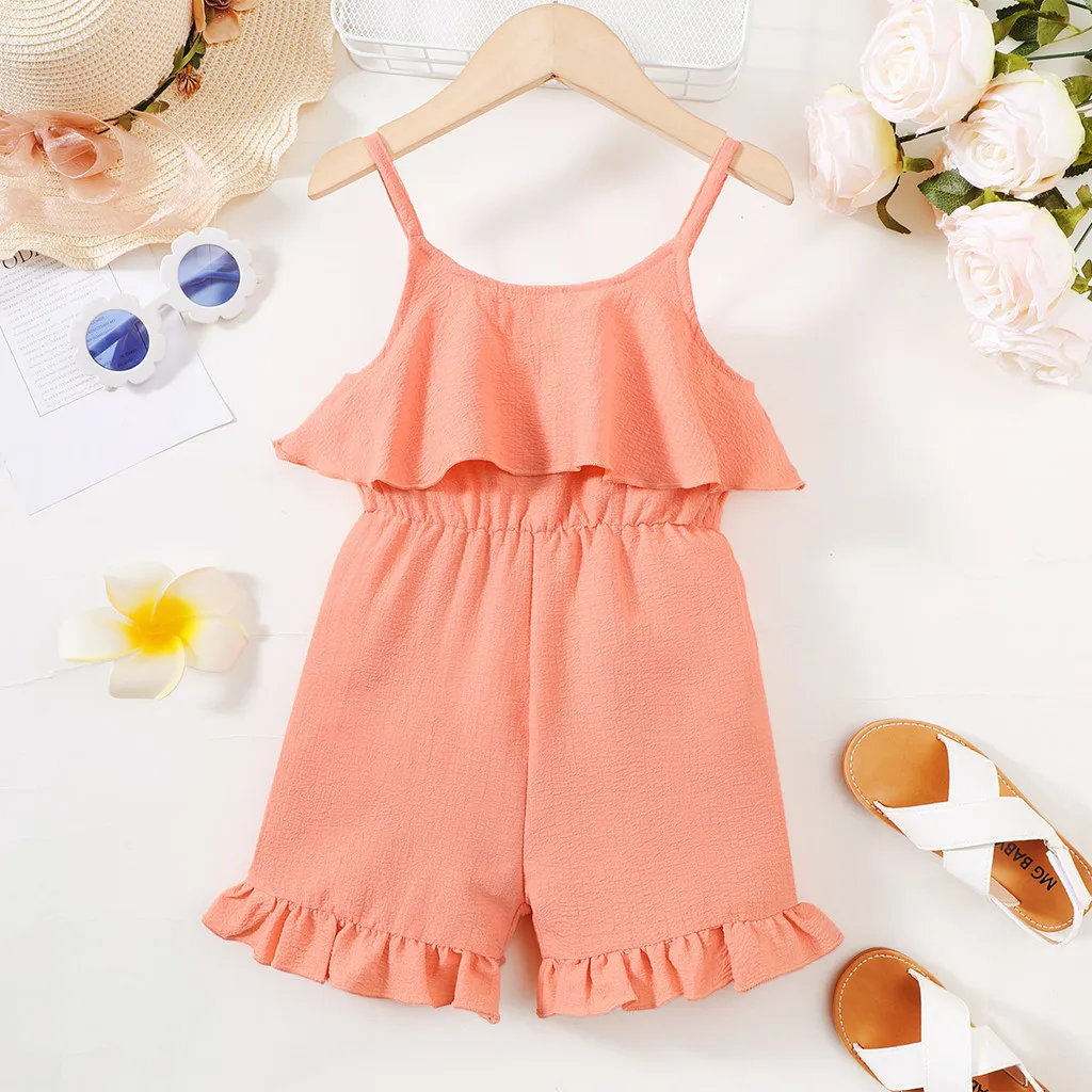 New 2024 Kids Girl Summer Jumpsuit suspenders Plain Color Flutter Sleeve Ruffled edge Bodysuit Party Wear for Kid Girl 4-7Years