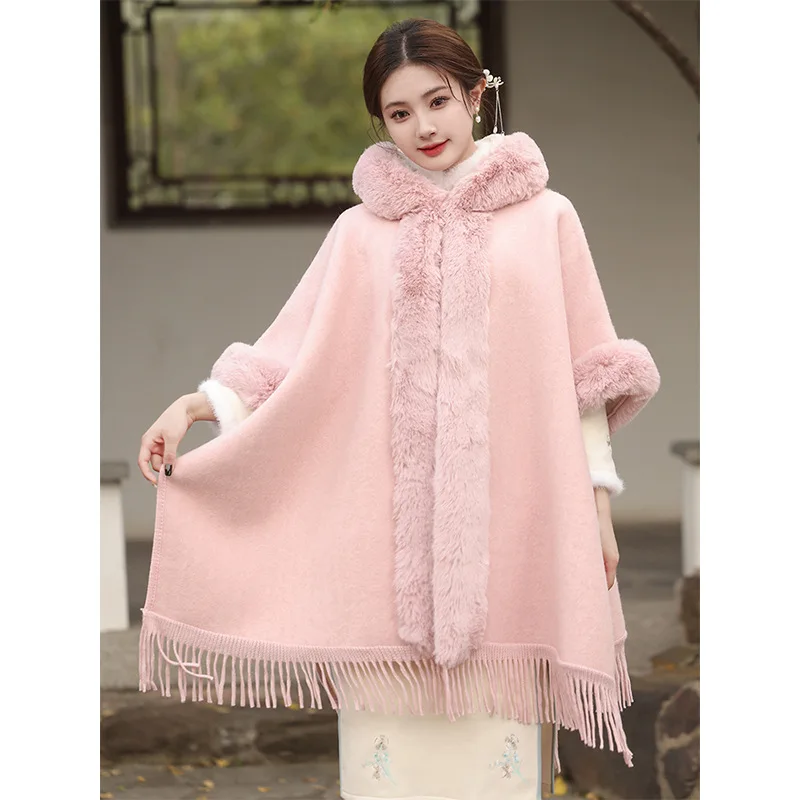 

Poncho Cloak Imitation Cashmere Cape Shawl New Warm Women Faux Rabbit Fur Collar Cheongsam Collocation Winter Coat Capes Pink