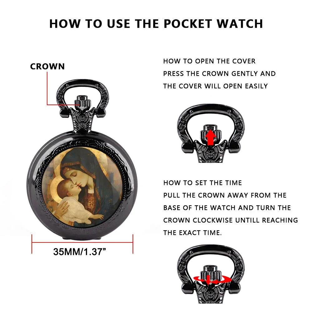 Virgin Mary and Baby Jesus Christian Catholicism Pocket Watch with Chain Necklace Vintage Quartz Pendant Watches Mens Women Gift