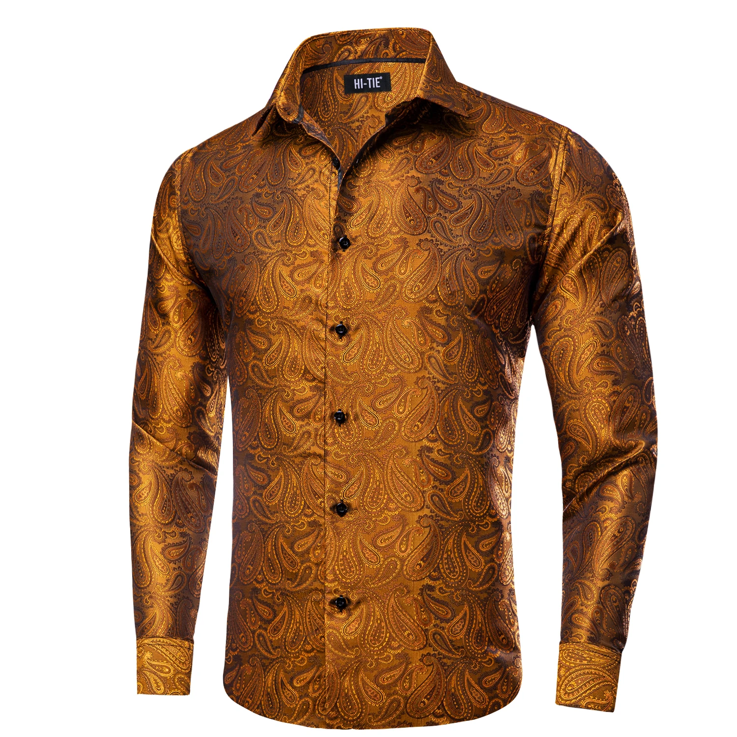 Hi-Tie Men's Silk Shirts Long Sleeve Paisley Shirts Men Business Wedding Party Gifts Gold Teal Blue Purple Red Black Beige Green