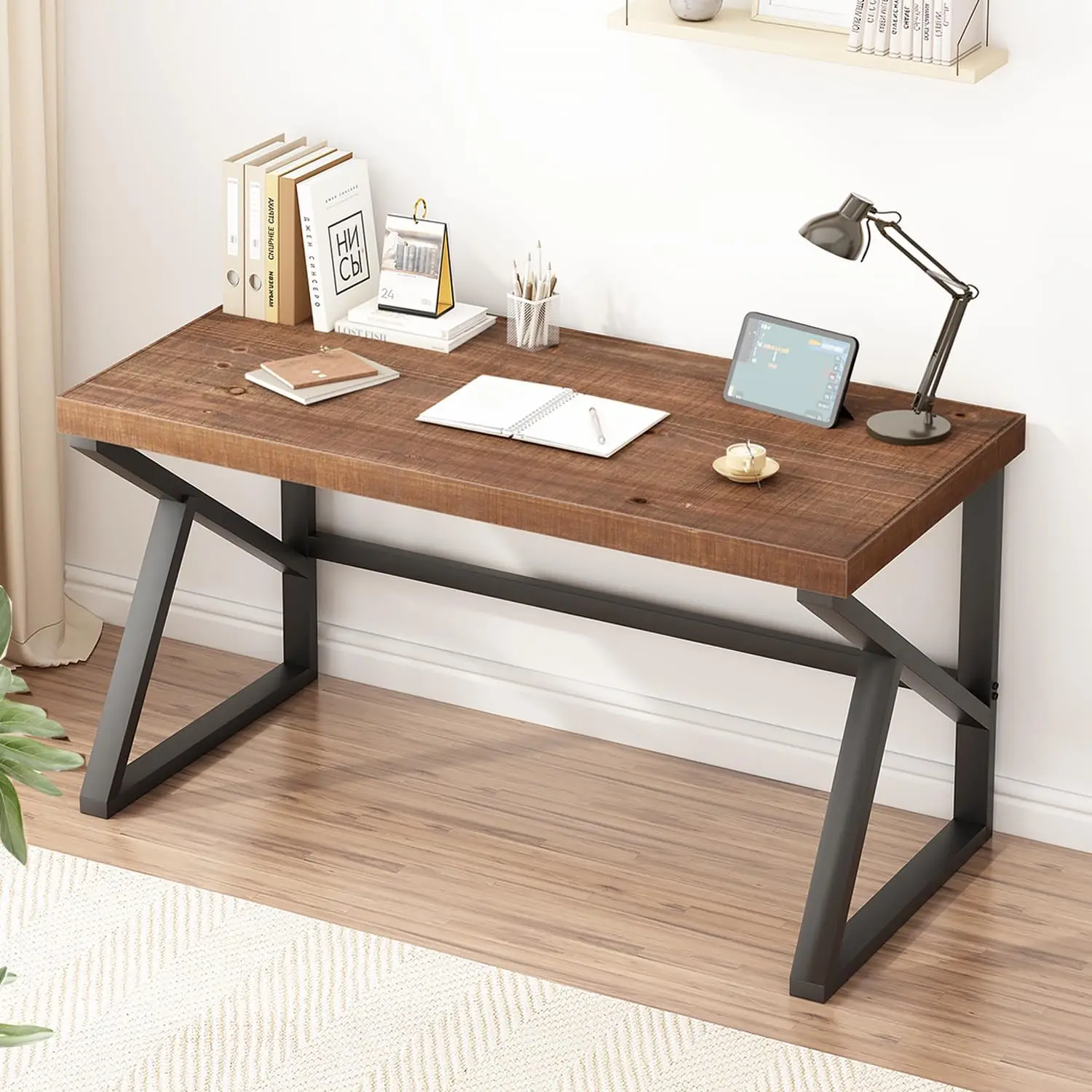 

Natural Real Wood Desk, Minimalist Solid Wood Computer Desk, Rustic Real Wood Desk for Home Office Writing Study