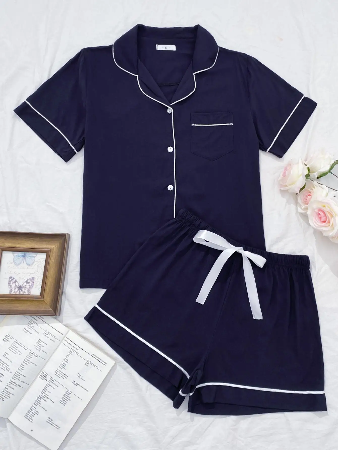 Summer Women's Pajamas Sets Short Sleeve Notched Collar Top Tee Button Down Elastic Waist Shorts Home Suit Loungewear Sleepwear