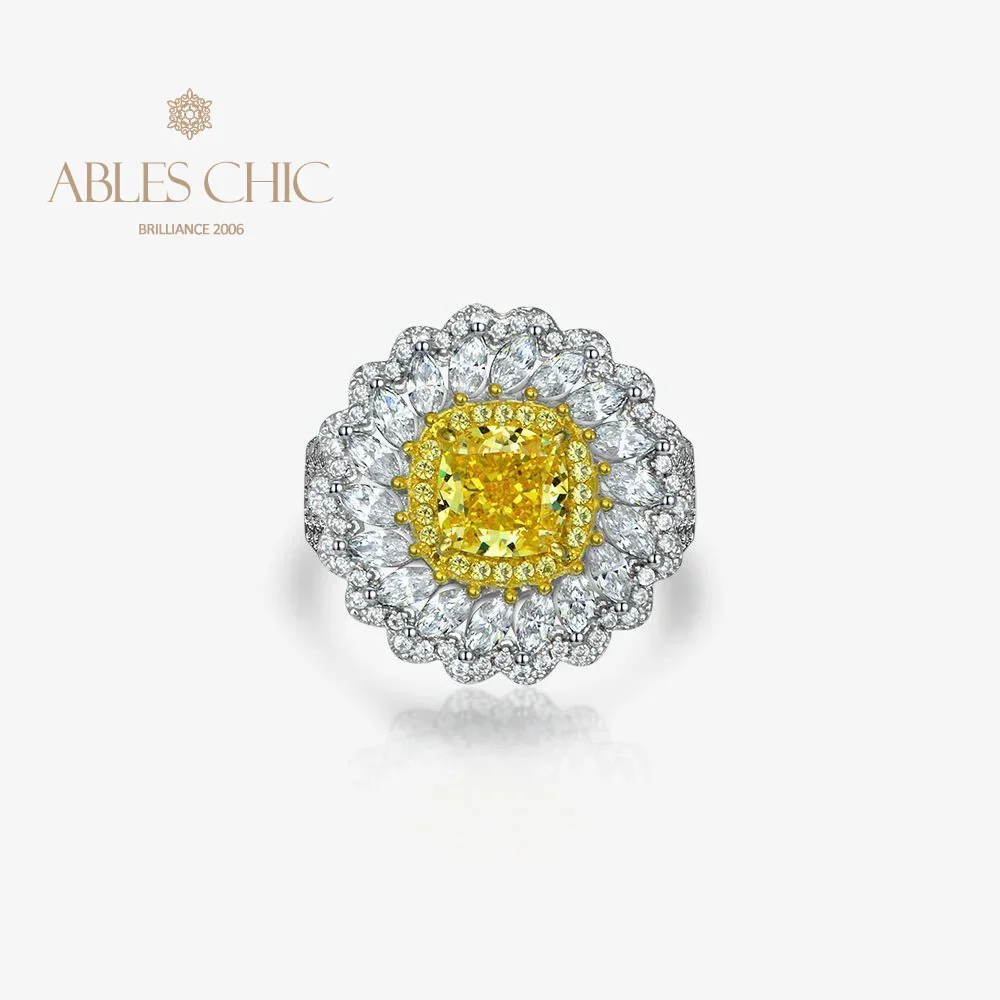 Solid Silver Lab Citrine Halo Daisy Engagement Ring Craftsmanship 5A Zircons Dazzling Flower Wedding Rings S2R1S2R1531