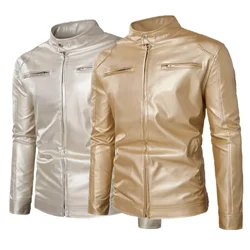 Spring and Autumn New Male Thin Leather Jacket Gold / Silver Trend Singer Host Stage Performance Dress Men Casual Coat