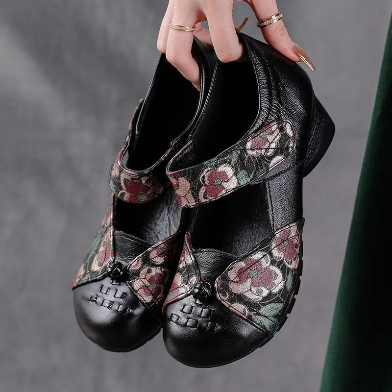 XT Cowhide Summer Low-Heeled Casual Women\'s Shoes Ethnic Style Women\'s  Shoes Color Matching Comfortable Soft-Soled Mother shoe