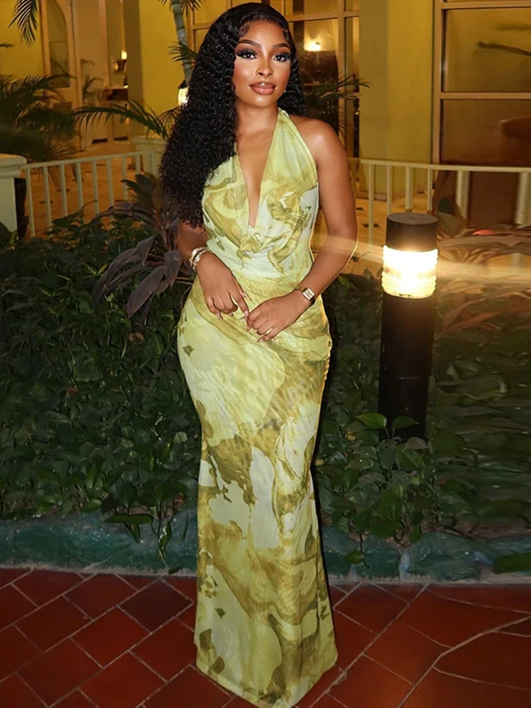 

Women Sleeveless Ruched Halter Neck High Waist Long Maxi Cosplay Dress Print Birthday Night Club Party Vestidos Sexy Dresses