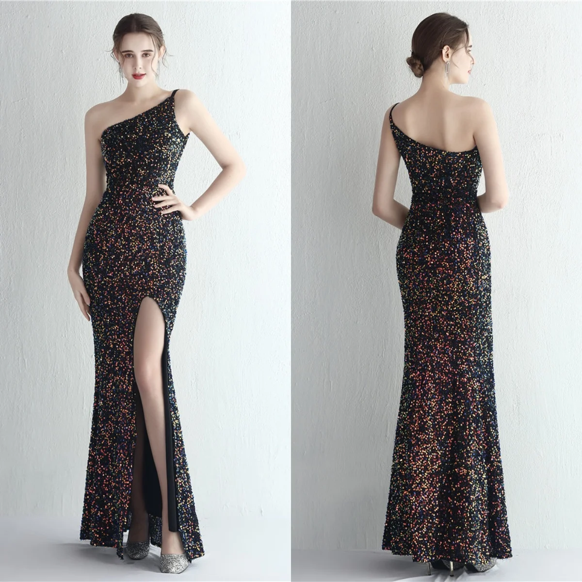 evening-dress-black-sequins-stretchy-one-shoulder-zipper-back-mermaid-trumpet-floor-length-women-party-formal-gowns-ye089